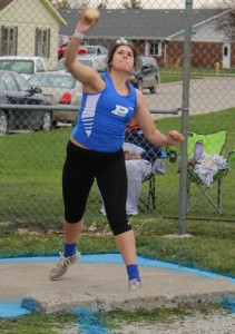 Taylor Lathrum competes in the shot put at the Davis Relays earlier this season. Lathrum set a personal-best heave of 34 feet and 1 inch at the North Polk Coed Relays Tuesday.