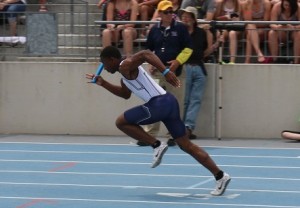 Asani Abdullah fires out of the blocks at the start of the 4x100. Abdullah led off the 4x100 in Saturday's finals as well, as he and teammates Terence Lewis, Antoine Scoggins and Rashawn Porter finished third in 43.83 seconds.