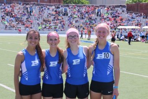The Perry fourseome of, from left, Mariah Duffy, Sidney Vancil, Breanna Penenger and Emma Olejniczak ran a 10 minute, 15.88 second time Thursday in the 4x800 at the state track meet. The clocking was .03 seconds slower than their time at the district meet, which had set a new school record. As the team is comprised of, from left, a junior, freshman, freshman and sophomore, the future for the Jayettes in the event appears bright.