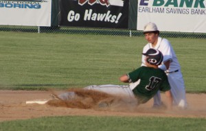 W-G shortstop Brady Aunspach tags out Iowa Christian Academy's Josh Dueker on a would-be steal attempt in their non-conference game Wednesday. Hawk catcher Jordan Pierce provided the peg.