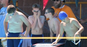 The Perry 11-12 Medley Relay team of, from left, Dylan Winey, Riese Archer, Andrew Dowd and Cristopher Gonzalez await the start of their race Saturday at the IWSC meet in Jefferson.
