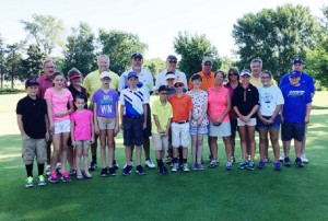 The morning group of 13U plus an adult pose before playing in the Trent Miner Memorial at the PG&CC Sunday. From left, front row: Kolby Gilroy, Riley Gilroy, Macey Gilroy, Quinn Whiton, David Roberts, young Mr. Connors (first name n/a), Rory Connors, Fionn COnnors, Maureen Fessenmeyer, Mary Ann Connors, Molly Lutmer, Avery Miner and Zach Darr. Back row, from left: Bob Gilroy, Lori Gilroy, Kurt Whiton, Brett Roberts, Tim Connors, Joe Connors, Bobbi Lutmer, Dan Miner and Lem Darr. Macey Gilroy and the young Mr. Connors did not golf, while the others played nine holes of alternate-shot. Photo provided.