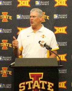 Iowa State head coach Paul Rhoads addresses a question during Thursday's Media Day in the Bergstrom Football Complex.