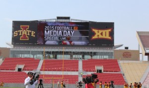 The video board atop the recently finished south end zone at Jack Trice Stadium welcomes reporters to Media Day this morning. ThePerryNews.com was the only local media outlet covering the event.