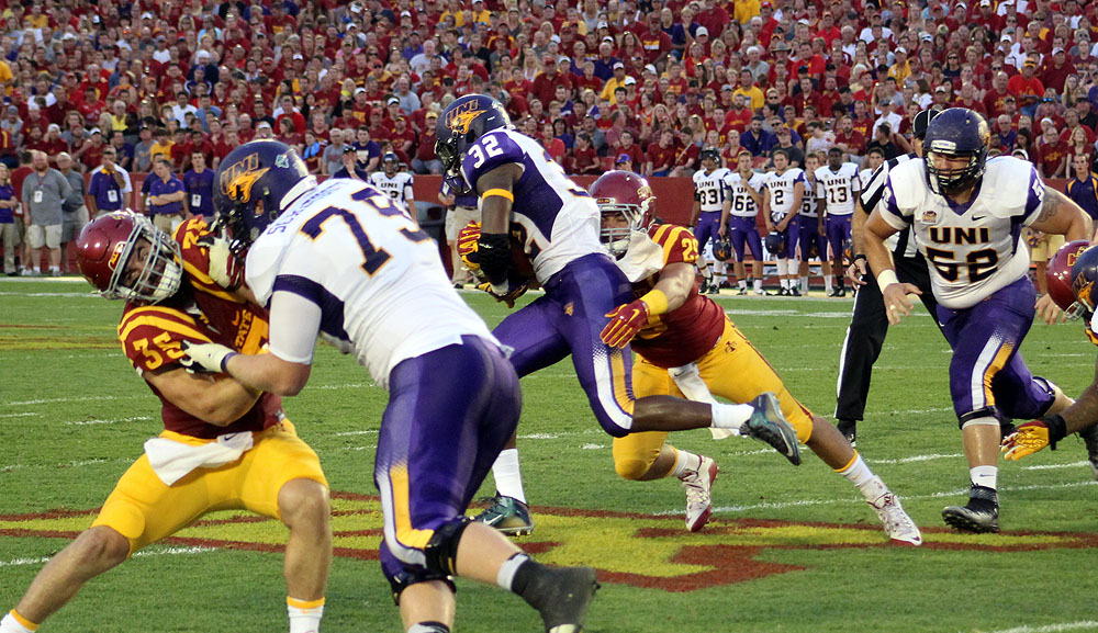 Iowa State junior linebacker and former Perry standout Kane Seeley tackles Northern Iowa's Tyvis Smith during their season opener at Jack Trice Stadium in Ames Saturday.