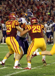 Seeley and Darian Cotton double team an opponent on the opening kick off of the second half. Seeley has been a fixture on Cyclone special teams throughout his career.