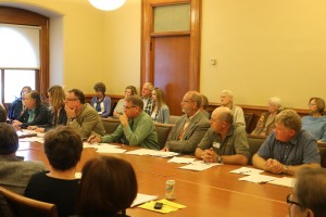Members of the Iowa DNR, from left, DNR member Barb Lynch, member Kelli Book, DNR legal counsel Ed Tormey, DNR Director Chuck Gipp, DNR Deputy Director Bruce Trautmann, DNR Field Office Supervisor Ken Hessenius and DNR member Gene Tinker, listened closely Tuesday morning to information presented by Iowa CCI.