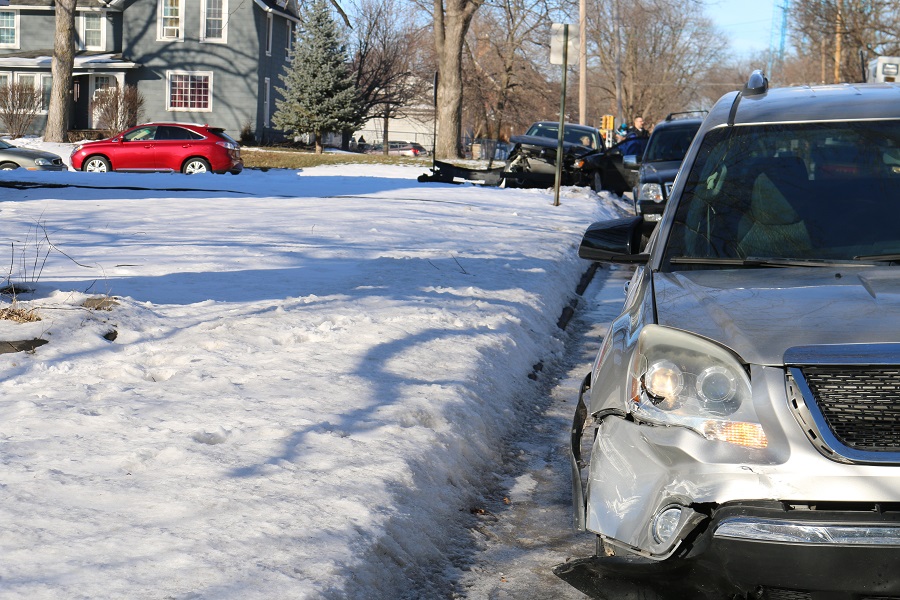 The gray SUV in the foreground apparently collided with the four-door automobile, left, in a mishap at Eighth Street and Otley Avenue Wednesday afternoon in Perry.