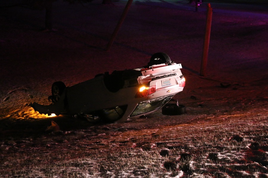 A power pole was broken when in a one-vehicle rollover on the Moran curve Tuesday about 7 p.m. There were no injuries.