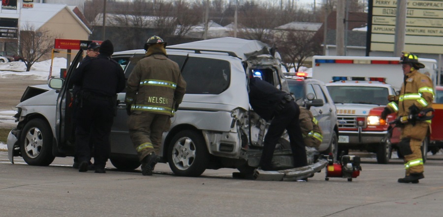 A four-vehicle pileup at the intersection of Iowa Highway 141 and First Avenue in Perry Thursday afternoon led to the transport of four people to the Dallas County Hospital.