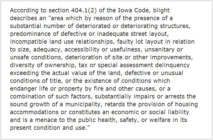 Simmering-Cory used the Iowa Code definition of blight in assessing Perry.