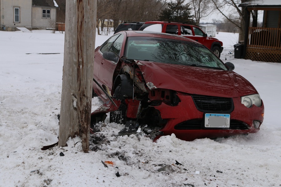 A car struck a power pole on W. Willis Avenue shortly after 3 p.m. Sunday when it was forced off the road by another vehicle, according to an occupant of the damaged vehicle.