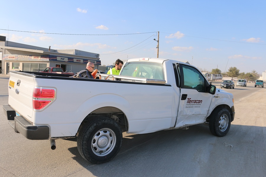 A pickup owned by Terracon Engineering was one of the two vehicles involved in a collision outside the Tyson Fresh Meats plant Friday afternoon.