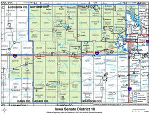 Iowa Senate District 10 includes most of Dallas County, all of Guthrie and Adair counties and parts of Polk and Cass counties.
