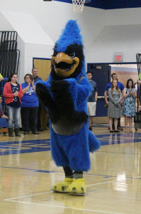 The Bluejay mascot helps fire up the crowd.