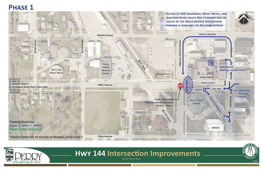 Map 1 shows the first phase of the project, which will last from April 4 to May 2. The blue lines indicate where traffic will detour.