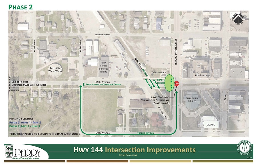 Map 2 shows the second phase of the project, which will last from May 2 to June 2. The green line indicates the traffic detours.