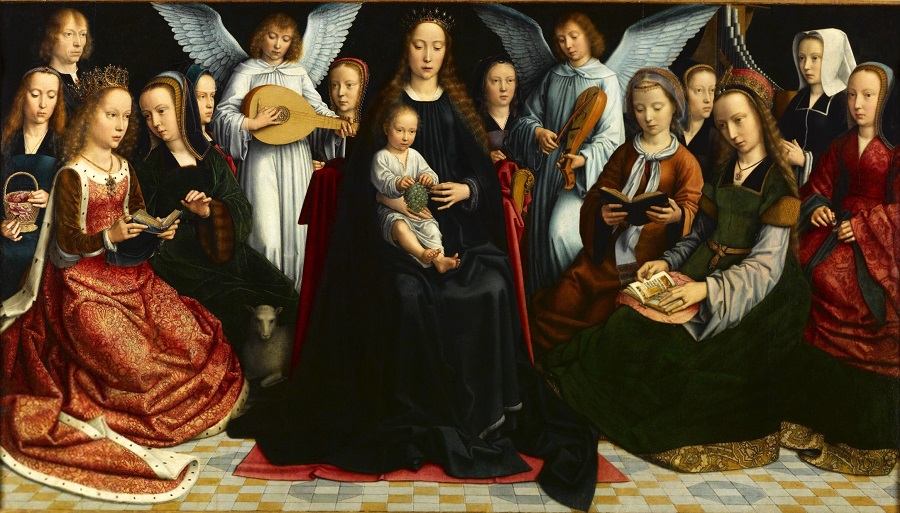 In Gerard David's "Virgin among the Virgins" (c.1509), the angel on the right plays a rebec. The angel on the left plays a lute.