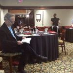 Guest discussion leader George Minot prepares to begin the interactive talk.