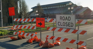 While the westbound lanes of Willis Avenue are closed at the intersection with Second Street, the eastbound lanes have been left open to allow vehicles access to Railroad Street, where parking is available.