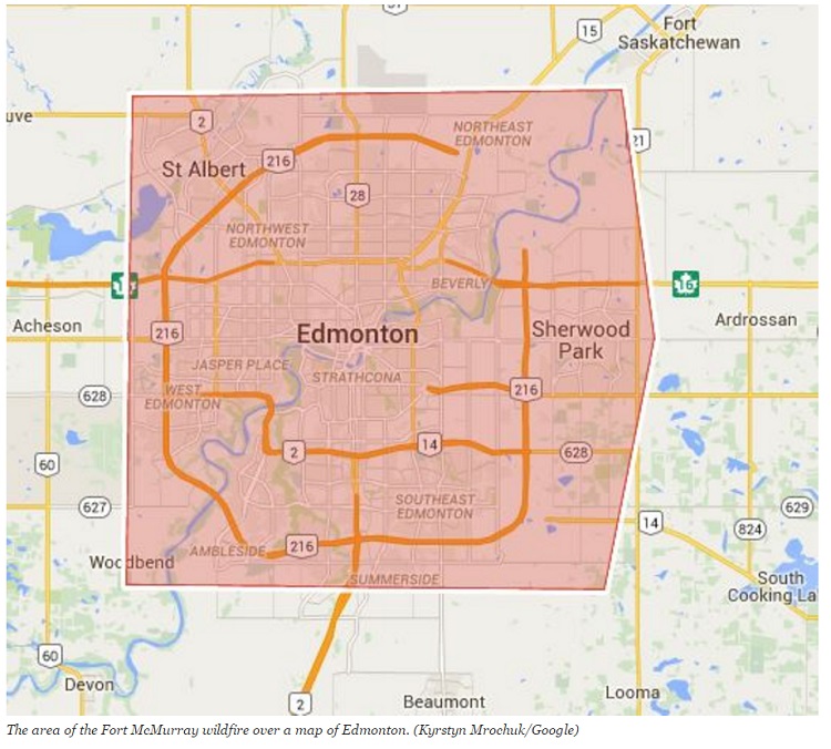 The fire in Edmonton, Alberta, has grown to the size of 325 square miles. Source: Google