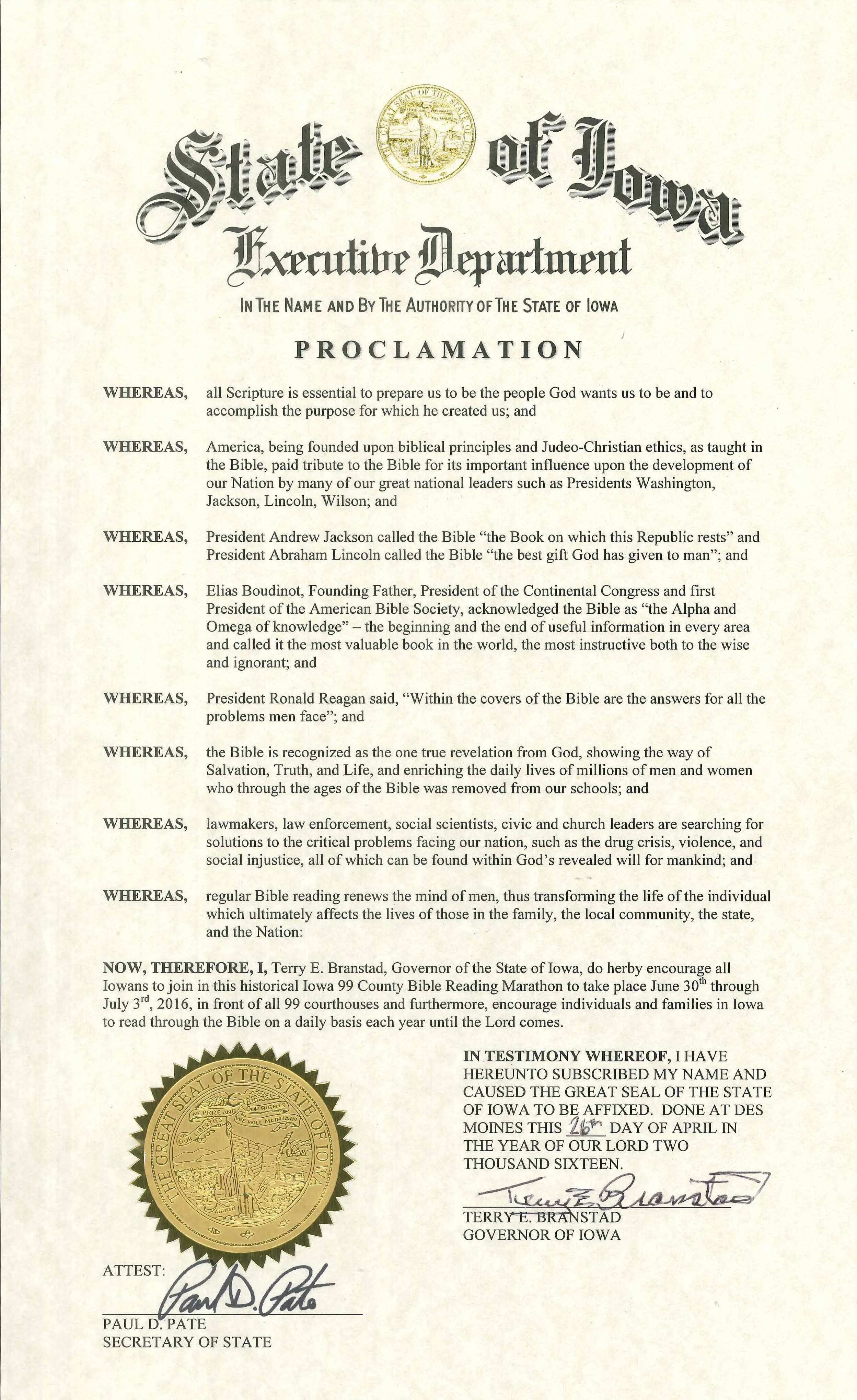 Gov. Branstad signed the 99 County Bible Reading Marathon Proclamation in April.