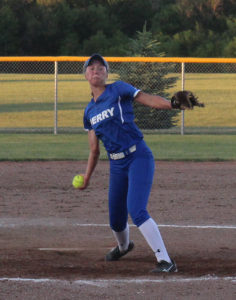 Perry junior Emma Olejniczak pitches against top-ranked ADM at the PAC Wednesday. Oleniczak had five strikeouts in the contest, lifting her career total to 702.