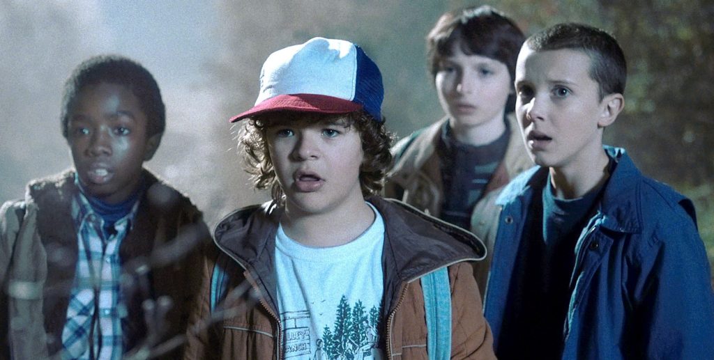 From left to right: Lucas, Dustin, Mike, and Eleven. Courtesy of Netflix