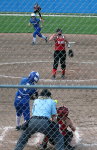 Perry's Jo Diw doubles home Maddy Jans (middle) in the second inning against Greene County Thursday.