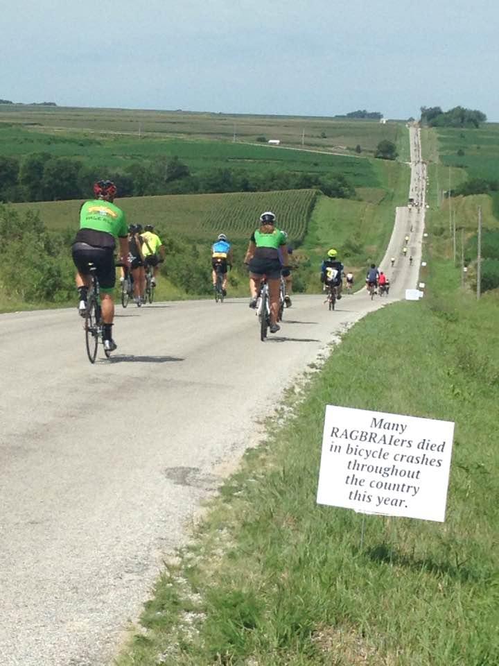 "Quiet Mile" is the name given to the sretch of RAGBRAI route dedicated to riders injured and killed in the year since the previous RAGBRAI. One cyclist was killed and another injured in Sunday on RAGBRAI XLIV's first leg. Photo courtesy Chuck Offenberger