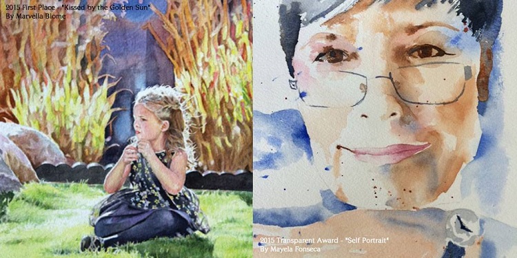 Marvella Blome's "Kissed by the Sun," left, took first place in the 2015 exhibition. Mayela Fonseca's "Self-Portrait" took the Transparent Award the same year. Both watercolorists have works in the 2016 exhibition.