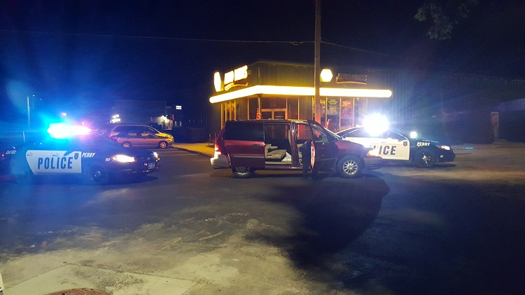 A man in a van was arrested in downtown Perry about 10 p.m. Friday after leading officers of the Perry Police Department on a brief, low-speed pursuit.
