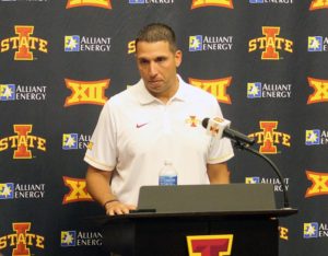 Iowa State University football head coach Matt Campbell fields a question about former Perry star and three-year letterman Kane Seeley, who is projected to start at middle linebacker.