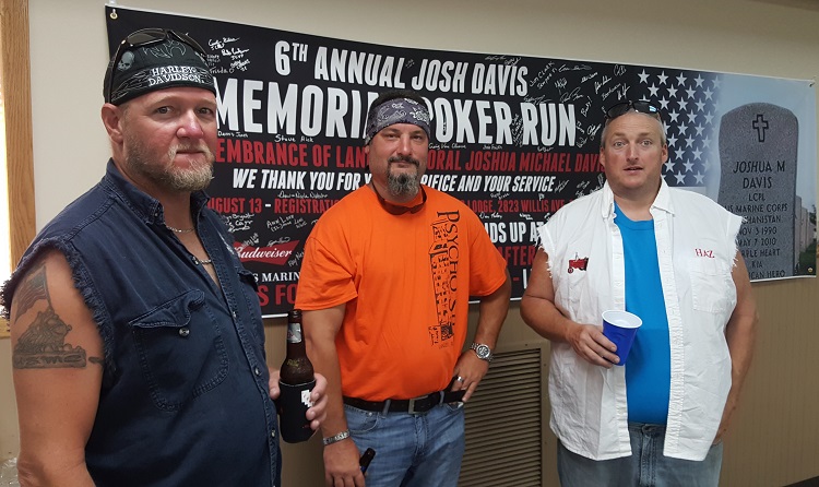 Riding in his first Josh Davis memorial Poker Run Saturday was Stacey Thomas, left, of Roscoe, Ill. Thomas' friends Jeff Rudd, center, of Roscoe and Dave Haseman of Shopiere, Wis., have ridden in four prior Davis poker runs.