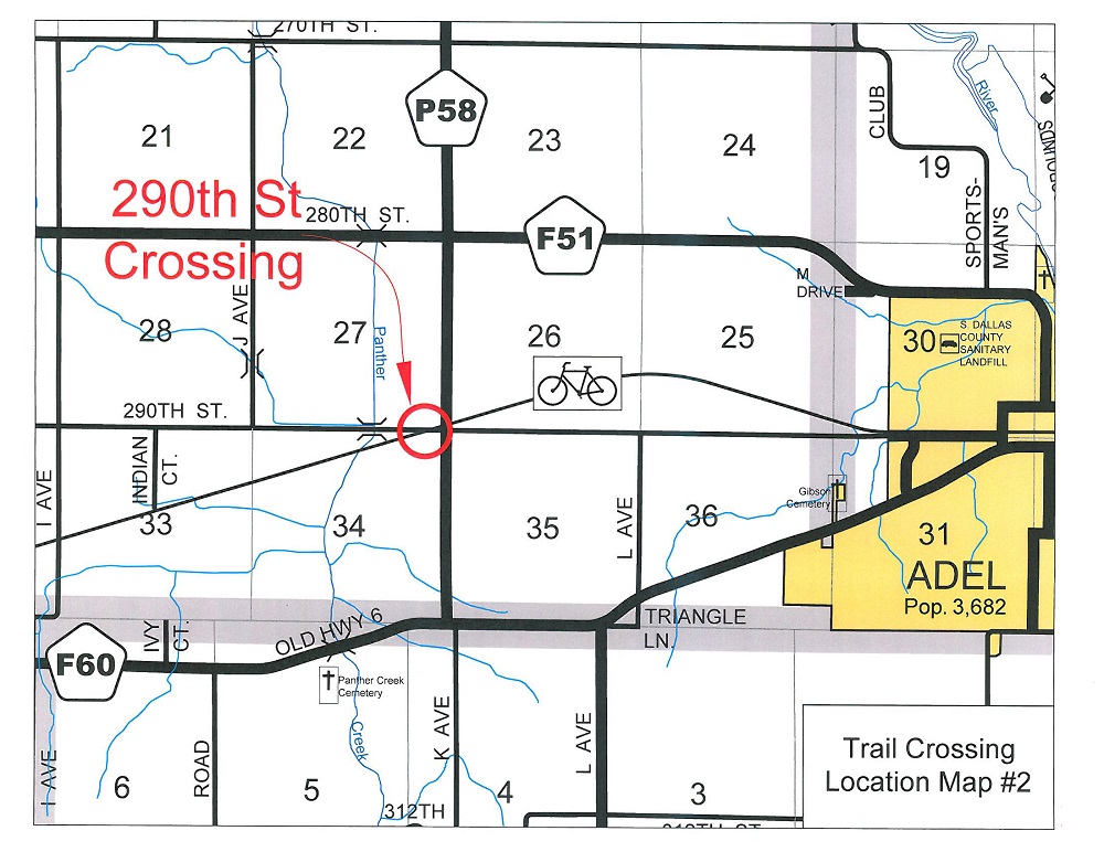 The trail crossing near the intersection of 290th Street and County Road P58 will be paved later this fall. Source: Dallas County Secondary Roads