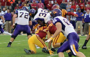 Kane Seeley (29) did not wait long to make his first tackle this season, making this stop on the second snap from scrimmage against UNI. Seeley is currently fifth on the team with 29 tackles.
