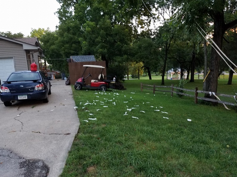 An Adel resident posted pictures of damage he said was done by ADM students Thursday night in their Homecoming pranks. Along with strewing toilet paper in his trees, the rowdy juveniles tried to steal his golf cart, the irate resident claimed.