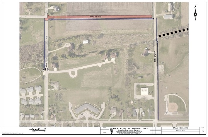 The North Street construction project (red line) includes part of the planned High Trestle Connector Trail (blue line).