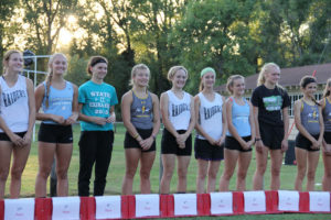 Placing fourth at the Greene County Invitational Thursday was Panorama junior Brianna Hoffman (fourth from right) while fellow Panther junior Devyn Kemble (second from left) placed ninth. Hoffman crossed in 21 minutes, 11.65 seconds and Kemble in 21:42.49. Photo courtesy Eileen Nordquist.
