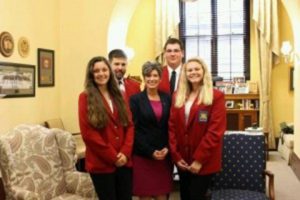 U.S. Sen. Joni Ernst, center, welcomed the Perry delegation of the Iowa Skills USA National Leadership Conference. Visiting Capitol Hill were PHS delegates, from left, T. J. Sheehy, Skills USA adviser Curt Cornelius, Devin Patrick and Sadee Whitfield. Photo courtesy Perry Community School District