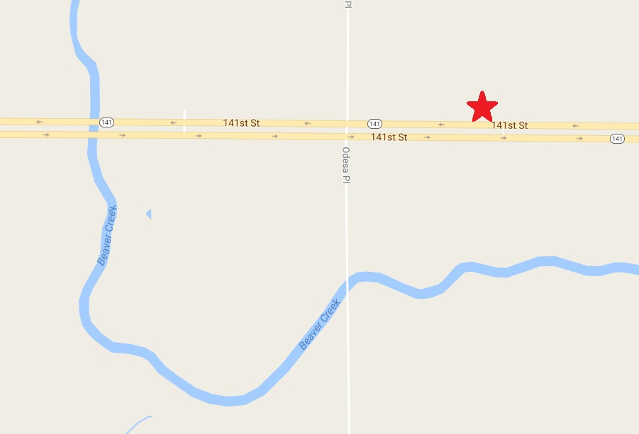The one-vehicle rollover accident (red arrow) occurred about 2:45 p.m. Thursday on Iowa Highway 141 southeast of Bouton.