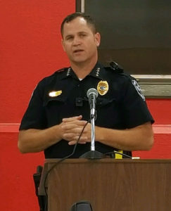 Perry Police Chief Eric Vaughn spoke to the assembled city employees on workplace violence.