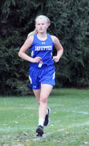 Grace Stewart nears the final stretch of the varsity race in Monday's RRC meet.