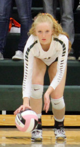 Alyssa Bice prepares to serve in the fourth set. Bice finished 20-of-23 behind the line with six aces in W-G's 3-1 win.