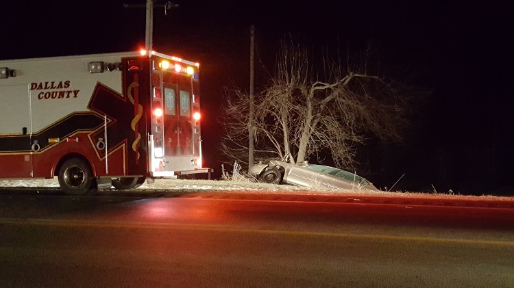 A passenger car left the roadway of Iowa Highway 141 west of Perry early Friday evening and careened part way down an embankment on the north side of the highway. The cause of the two-vehicle accident is under investigation.