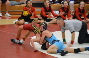 Panorama's Danny Nordquist (right) scored a technical fall against Southwest Iowa's Daniel Vanatta Saturday in the 126-pound weight class during the Treynor Invitational. Photo submitted.