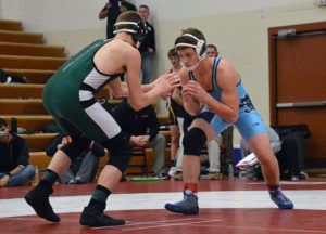 Panorama 160-pounder Gunnar Grunsted (right) faces Nolan Hansen of East Mills in the semifinal round Saturday at the Treynor Invitational. Grunsted won by pinfall in 3 minutes, 35 seconds. Photo submitted.